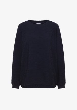 Laivastonsininen pitkähiha-paita, jossa on teksturoitu kangas, pyöreä kaula-aukko ja kerätyt hihansuut. Helmassa on hieman pidempi takaosa.