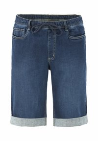 Tummansinisiä farkkushortseja, joissa on joustava vyötärönauha nyörillä, sivutaskut ja vaaleansiniset käännesomisteet.