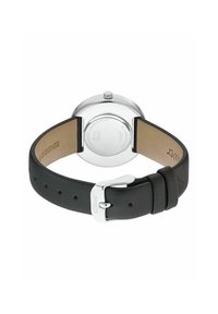 Schwarze Lederarmbanduhr mit einem runden Gehäuse aus Edelstahl. Verfügt über eine silberfarbene Schnalle und beigen Lederfutter auf der Innenseite.