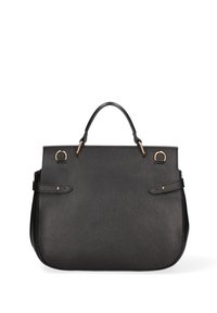 Zwarte leren handtas met een textuur, gestructureerd ontwerp, dubbele handvatten en accenten van goudkleurig metaal. 