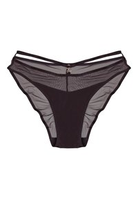 Schwarze Dessous mit transparenten Netzpaneelen, ausgestattet mit doppelten elastischen Trägern und einem kleinen goldenen Ringakzent in der Mitte vorne.