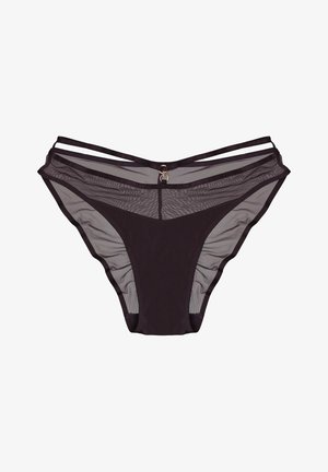 Czarna bielizna z przezroczystymi panelami z siateczki, wyposażona w podwójne elastyczne paski i mały złoty pierścionek na środku przodu.