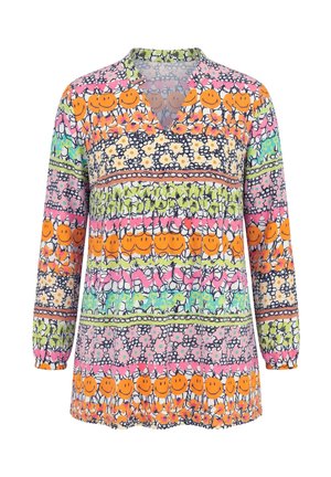 Blouse à manches longues avec des rayures horizontales multicolores de fleurs et de visages souriants orange, avec un col en V fendu.