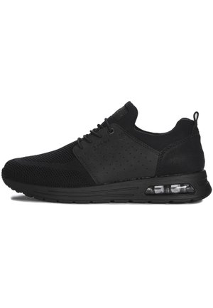 Black athletic shoes featuring a mesh upper, padded collar, and patterned accents. The sole includes transparent air cushioning elements.