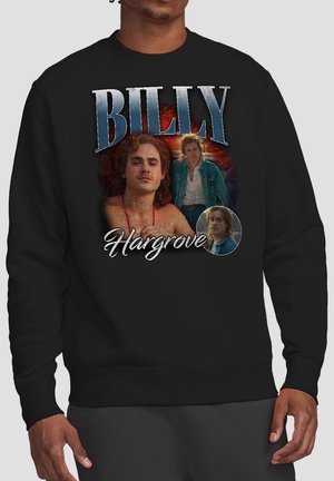 Black sweatshirt featuring three portraits of a man with long hair, with "BILLY" in large blue letters and "Hargrove" in white script below.