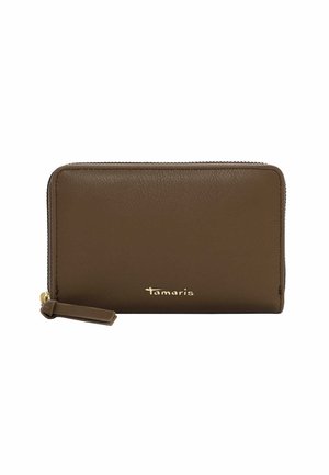 Brown leather wallet with gold logo detail. Features a zip closure and a textured surface. Compact rectangular shape with a small zipper pull.