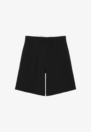 Sorte skræddersyede shorts med bæltestropper, forreste læg og sidelommer, lagt fladt på en hvid baggrund.