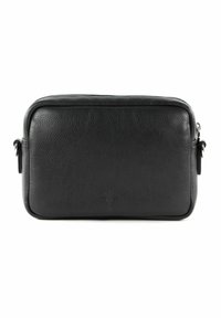 Borsa in pelle nera con finitura texturizzata, forma rettangolare, bordi arrotondati e un logo in rilievo discreto sul davanti. Chiusura con zip.