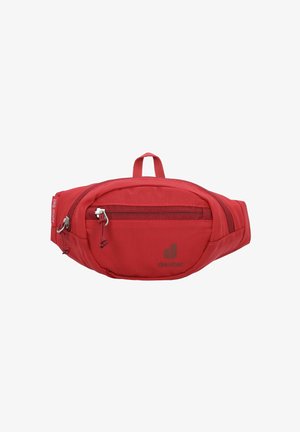 Sacoche taille rouge en tissu avec plusieurs compartiments zippés, une petite poignée de transport et un logo imprimé à l'avant. Design compact et léger.