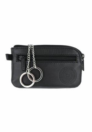 Black leather key pouch with a front zipper pocket, two attached silver key rings on chains, and a decorative circular embossed pattern.