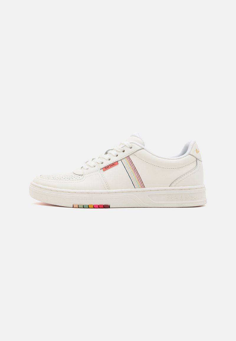 White leather sneaker with perforated toe, multicolored stripe design on the side, and a textured rubber sole featuring colored accents.