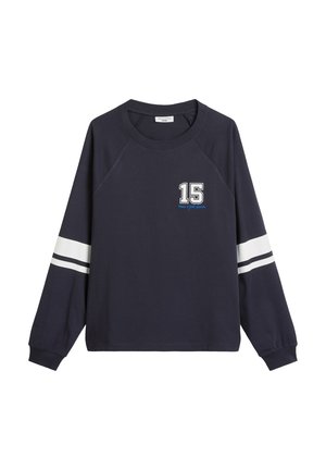 Marineblaues Sweatshirt mit langen Ärmeln und weißen Streifen an den Ärmeln, mit der Zahl "15" und Text auf der Vorderseite gestickt. Aus weichem Baumwollmaterial, entspannter Schnitt.