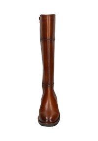 Hohe braune Lederstiefel mit runder Spitze, seitlichem Reißverschluss und niedrigem Absatz, von vorne auf einem weißen Hintergrund gezeigt.