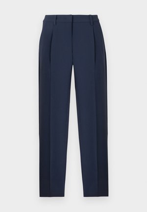 Navy blue tailored trousers with front pleats, belt loops, and straight legs, displayed against a white background.