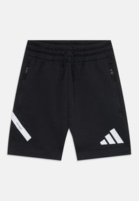 Čierne športové šortky s elastickým pásom, nastaviteľnou šnúrkou, dvoma zipsovými vreckami a bielym logom a štítkom adidas.