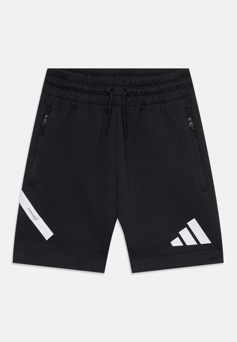 Čierne športové šortky s elastickým pásom, nastaviteľnou šnúrkou, dvoma zipsovými vreckami a bielym logom a štítkom adidas.