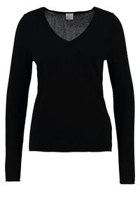 Schwarzer langärmeliger V-Neck-Pullover aus weichem Strickstoff. Hat ein tailliertes Design mit glatter Textur und keine sichtbaren Muster oder Verzierungen.