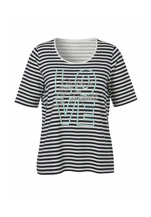 Schwarz-weiß gestreiftes T-Shirt mit kurzen Ärmeln, rundem Ausschnitt und großen umrandeten Buchstaben, die vorne "LOVE" in Türkis schreiben.