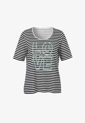 Zwart-wit gestreept T-shirt met korte mouwen, ronde halslijn en grote omlijnde letters die "LOVE" spellen in turquoise aan de voorkant.