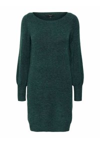 Långärmad, mörkgrön stickad klänning med rund halsringning och texturerad tyg. Har en avslappnad passform och ribbade ärmslut.