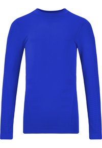 T-shirt de sport à manches longues en bleu vif, fabriqué dans un matériau extensible. Présente des accents texturés le long des manches et du corps pour la ventilation.
