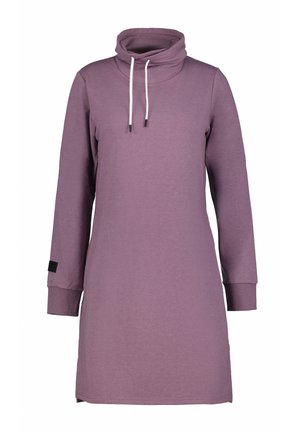 Vestido largo morado de manga larga con un alto cuello, cordones ajustables, puños acanalados y una etiqueta lateral. Tejido suave con una textura lisa.