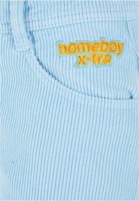 Pantaloni in corduroy blu chiaro con righe verticali. Tasca frontale decorata con ricamo "homeboy x-tra" in arancione e turchese.