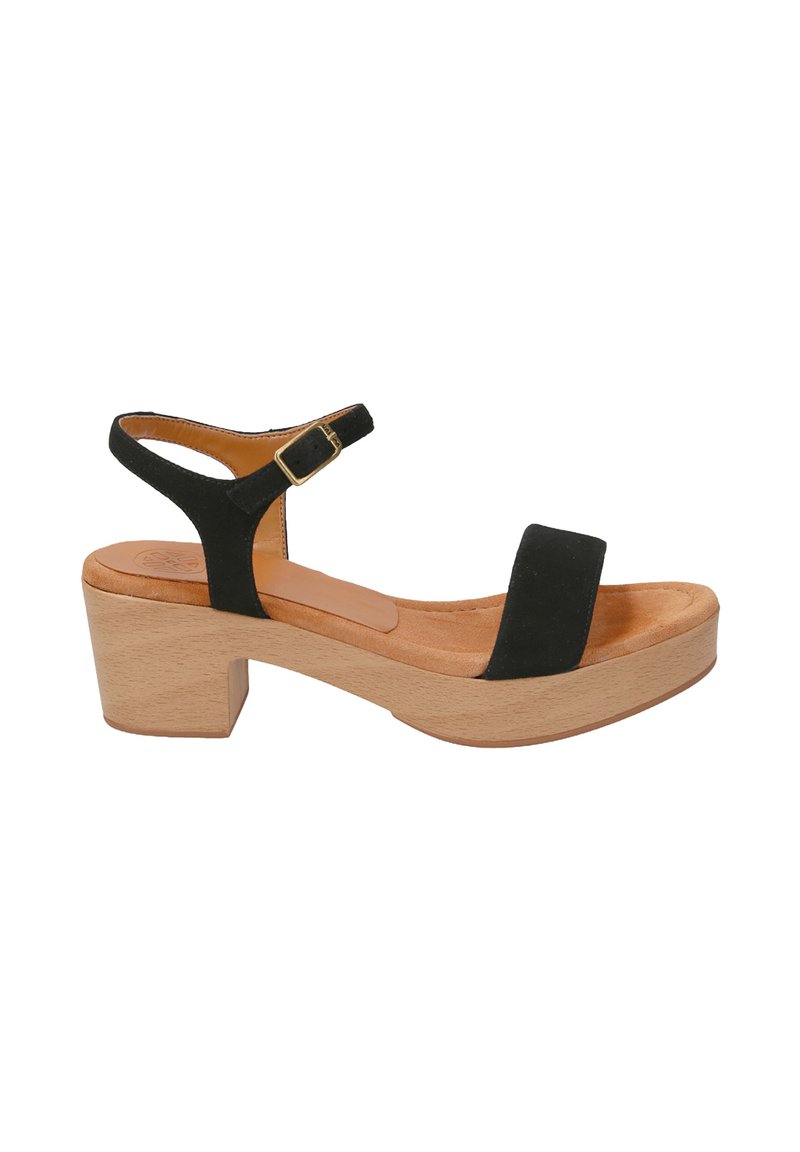 Black suede platform sandals with a wooden block heel, ankle strap, and a wide toe band, featuring a gold buckle for adjustment.