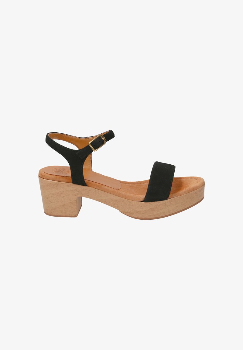 Black suede platform sandals with a wooden block heel, ankle strap, and a wide toe band, featuring a gold buckle for adjustment.