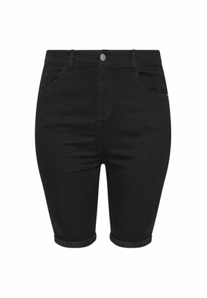 Black denim shorts with a fitted design, rolled cuffs, classic five-pocket styling, and a front button closure. Smooth texture.
