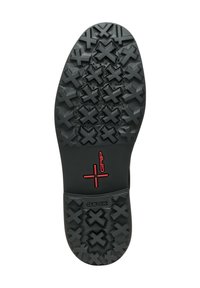 Semelle de chaussure noire en caoutchouc avec un motif texturé et les marques "GRIP" et "GEOX", conçue pour l'adhérence avec un motif géométrique.