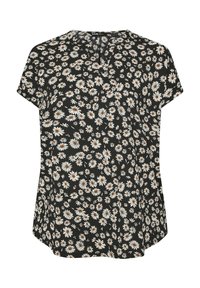 Camiseta negra de manga corta con un estampado floral de margaritas blancas y centros marrones, diseñada con un cuello redondo y un corte ligeramente holgado.
