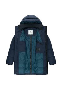 Navy blue padded winter coat with hood, open to show teal inner lining and multiple interior pockets, zipper and snap closures.