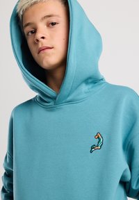 Hooded sweatshirt in light teal fabric, featuring a small embroidered accent on the chest. Soft texture, casual fit, and simple design.