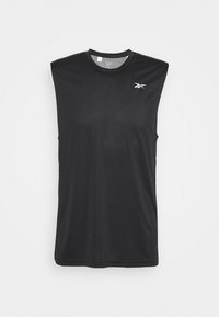 T-shirt de sport noir sans manches en tissu évacuant l'humidité. Présente un col rond et un petit logo blanc sur la poitrine.
