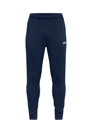Navy blue athletic pants with a relaxed fit, elastic waistband, and white "JAKO" logo on the left side. Smooth, lightweight fabric.