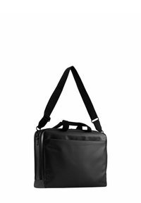 Borsa a tracolla nera realizzata in materiale resistente, dotata di manico superiore imbottito, tracolla regolabile, chiusura con cerniera e tasca frontale.