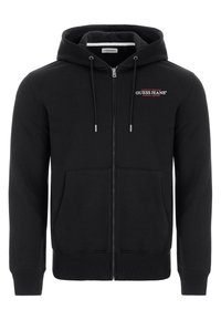 Felpa nera con zip realizzata in materiale felpato, dotata di tasca frontale, cappuccio con cordino e logo ricamato rosso "GUESS JEANS".