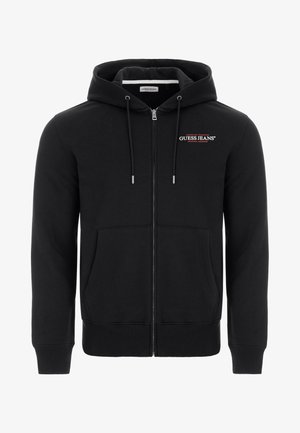 Čierna mikina na zips z fleecového materiálu, s prednou vreckom, kapucňou na sťahovanie a červeným vyšívaným logom "GUESS JEANS".