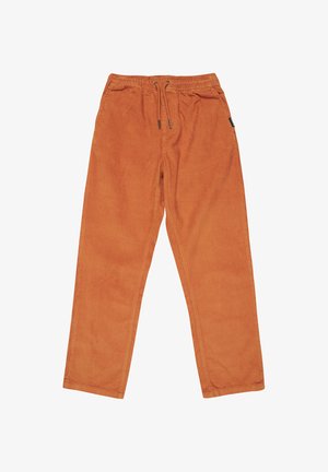 Pantaloni in corduroy arancioni con vita elasticizzata, chiusura con lacci, gambe dritte e tasche laterali. Tessuto testurizzato con costine visibili.