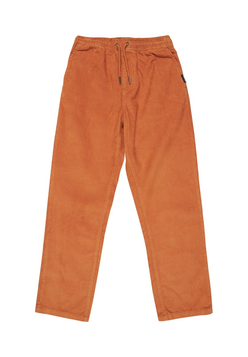 Orange kordflorbyxor med elastisk midja, dragsko-öppning, raka ben och sidofickor. Texturerad tyg med synliga ribbor.