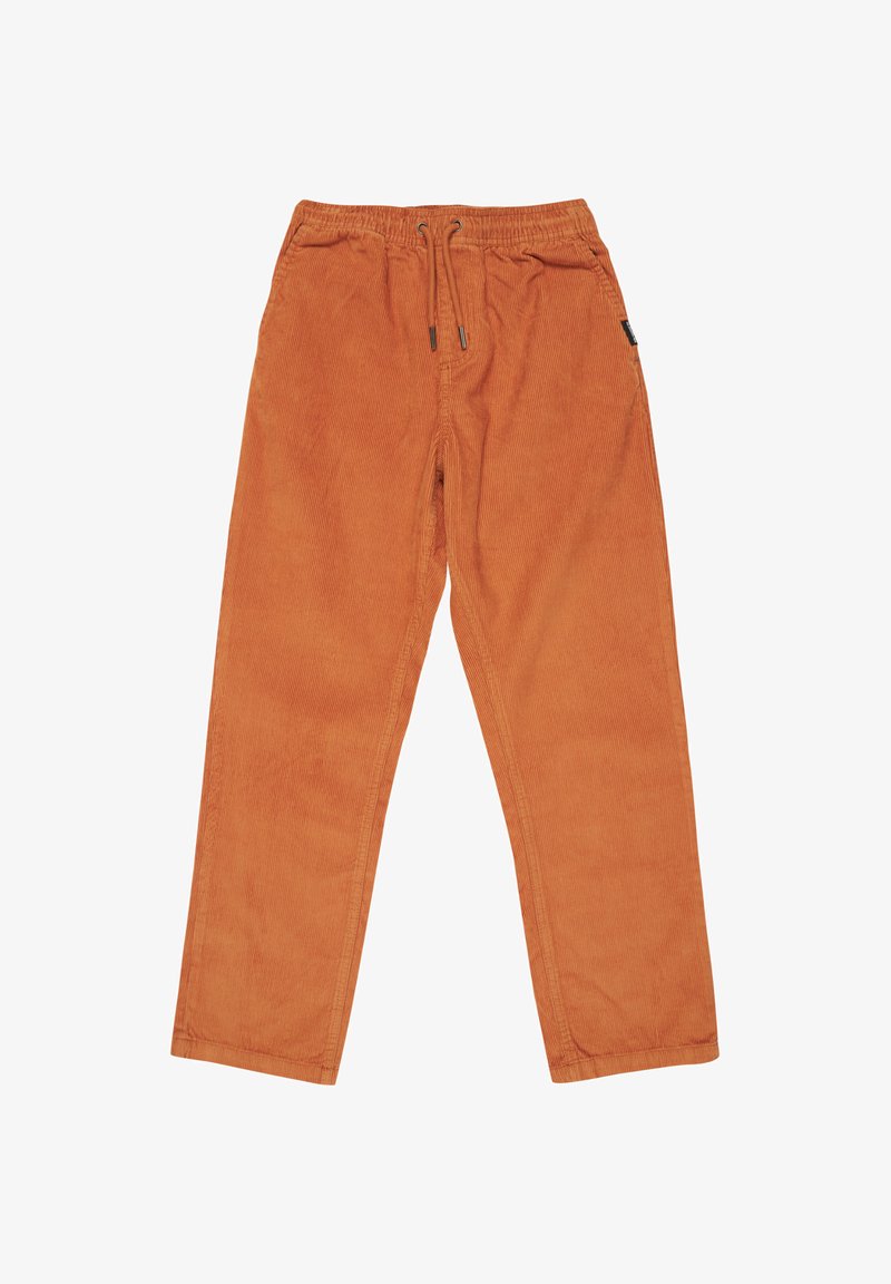 Oranje corduroy broek met een elastische tailleband, trekkoordsluiting, rechte benen en zijzakken. Textiel met zichtbare ribbels.