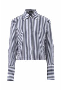 Gekürzte Hemdbluse mit blauen und weißen Streifen, die einen spitzen Kragen und lange Ärmel mit kontrastierenden Bündchen aufweist. Glatte Stofftextur.