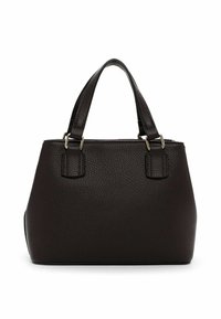 Borsa a tracolla in pelle marrone strutturata con doppi manici corti, accessori in metallo dorato, superficie texturizzata e base piatta per stabilità.