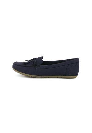 Mocassino da donna in camoscio blu navy con suola in gomma e fiocco decorativo sulla parte superiore, mostrato su sfondo bianco.