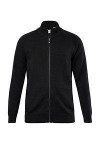 Maglione zip-up nero con colletto alto, maniche raglan, polsini e orlo a coste, caratterizzato da una texture liscia e morbida.