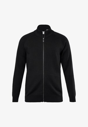 Schwarzer Reißverschluss-Pullover mit hohem Kragen, Raglanärmel, gerippten Bündchen und Saum, aus einem glatten, weichen Material.