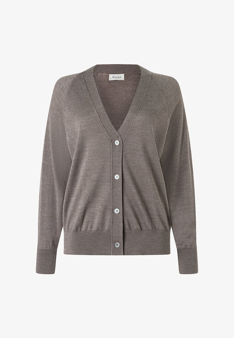 Gray cardigan made from soft fabric, featuring a V-neck, long sleeves, and five buttons down the front, with a ribbed hem.