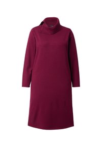 Abito in maglia bordeaux con scollo a barchetta, maniche lunghe e vestibilità comoda. Texture liscia e lunghezza intermedia.