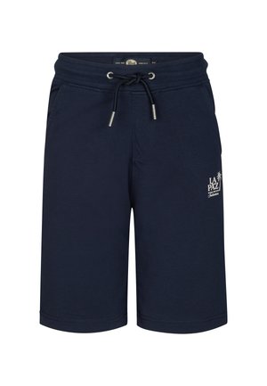 Marineblauwe casual shorts met trekkoord in de taille, zijzakken en een kleine witte "LA PAZ" print op de linker dij.
